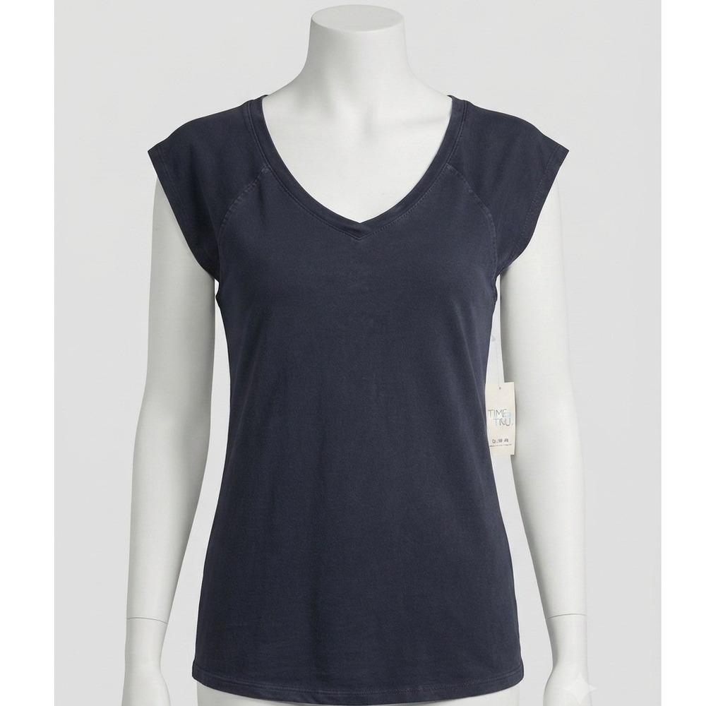 Time and Tru Women XL Navy Blue Flutter Sleeve V-Neck Mineral Wash Top NWT